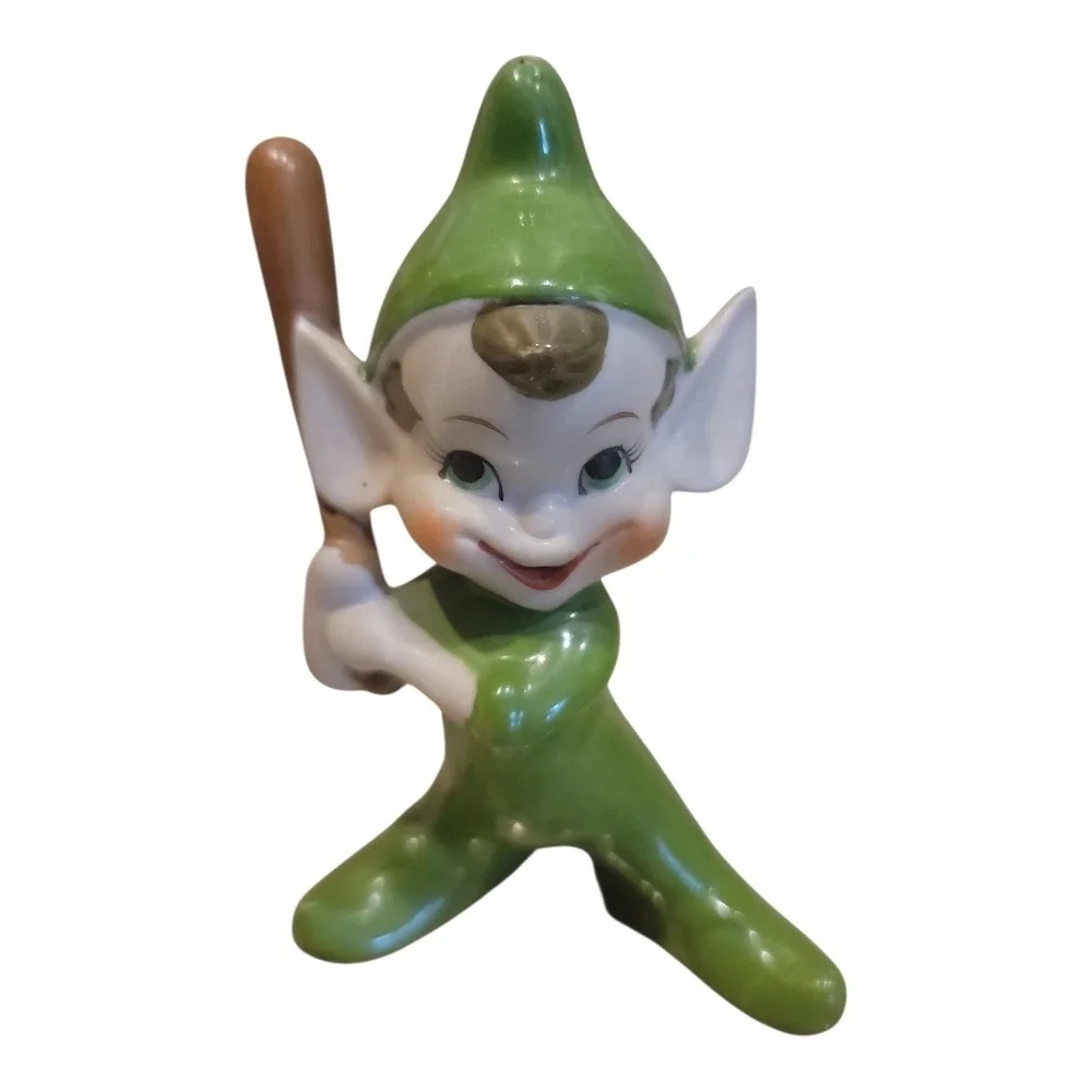 Vintage 1950s Japan Ceramic Pixie Elf Batter Green With Baseball Bat